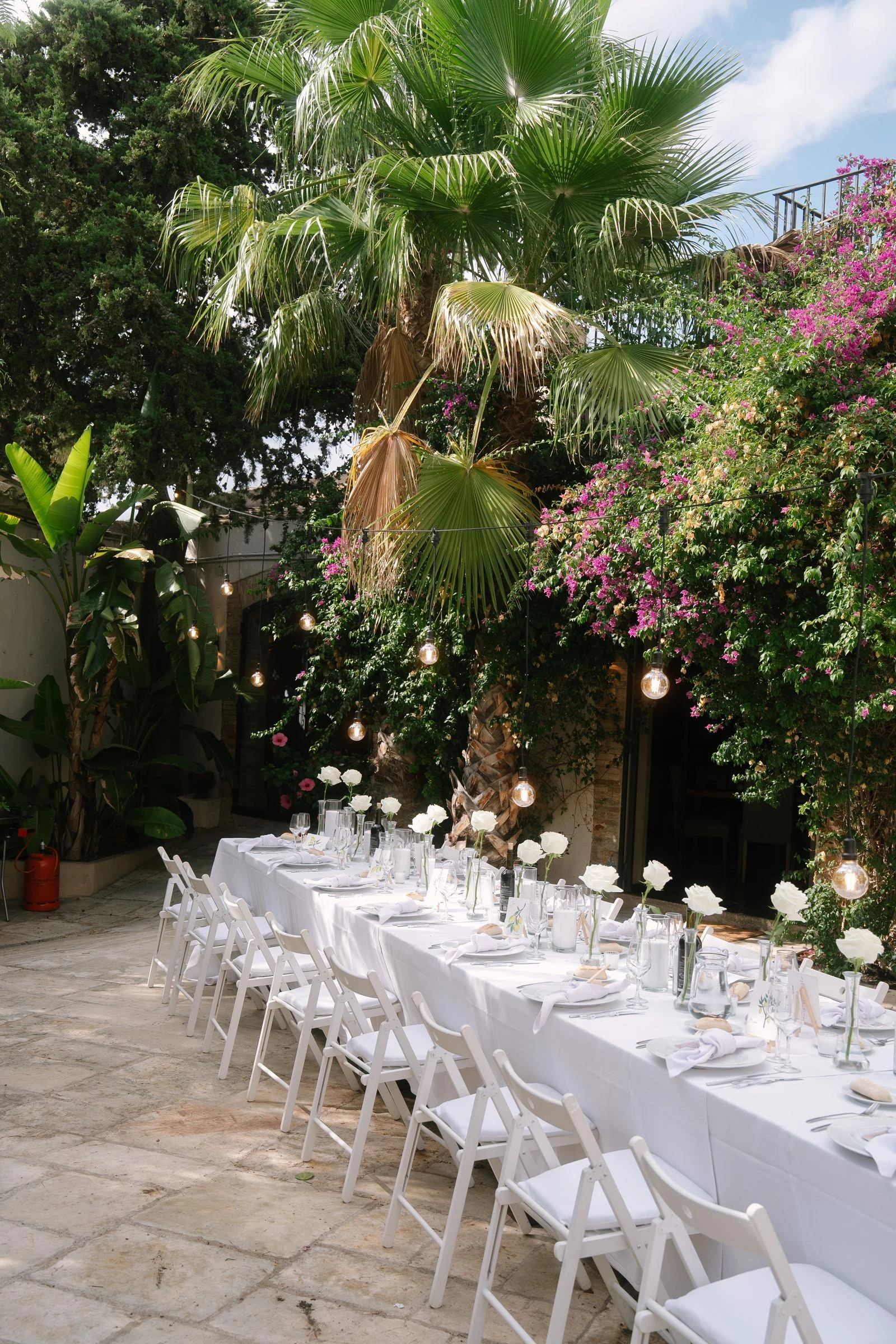 Mesa larga del banquete bajo las buganvillas
